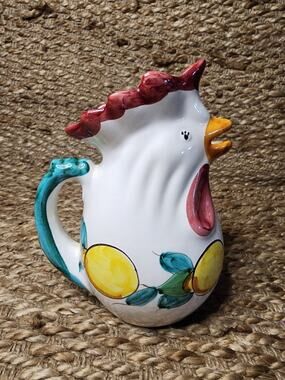 Vintage Giovanni Vietri Italy Ceramic Chicken Pitcher Lemons Hand Painted 8.5”